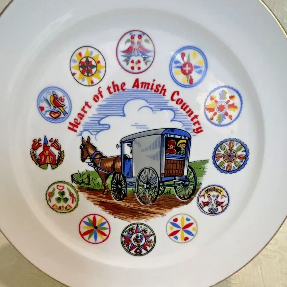 Heart of the Amish Country Decorative Plate Gold Rim Hex Signs Horse Buggy Japan